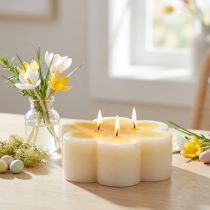 Artikel Tre-vekar ljus dekorativt blomljus gul vit Ø11,5cm H4cm