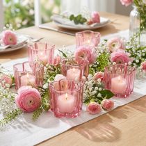 Artikel Blommig värmeljushållare, rosa värmeljusglas, Ø7,5 cm H6 cm, 6 stycken
