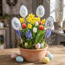 Artikel Blomplugg metall dekorativa ägg med påskharar 5×7cm 8 st