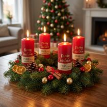 Artikel Röda adventsljus "God Jul" av stearin och rapsvax för juldekoration, set om 4, 130/60mm