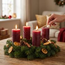 Artikel Enfärgade vinröda rustika säkra adventsljus 110×60 mm Set med 4 självsläckande