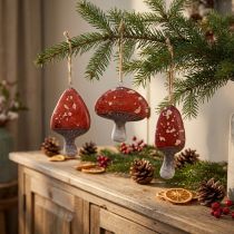 Artikel Charmiga röda svampdekorationer med jutesnöre, 3 cm – Perfekt höst- och juldekoration – 6 stycken