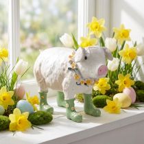 Artikel Dekorativ gris med gummistövlar – Rolig bondgårdsfigur med blomsterkrans 15,5 cm