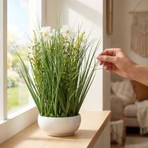 Artikel Dekorativt gräs med Cosmea-blommor i en skål H45cm