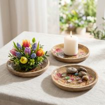 Artikel Trätallrikar med blommor och fjärilar, naturrosa, Ø15 cm, 3 stycken
