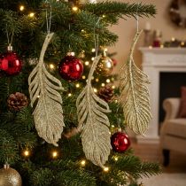 Artikel Dekorativa fjädrar, trädekorationer med glitter, adventsdekorationer, fjädrar för att hänga gyllene L22cm 12st