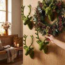 Artikel Dekorativt rådjurshuvud flockat mossgrönt 10cm x 20cm 3 st