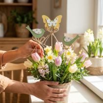 Artikel Plugg fågelfjäril, trädekoration, plantplugg fjäderdekoration grön, gul L24/25cm 12st