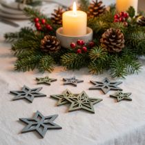 Artikel Deco stars träblå, gröna trästjärnor Jul 4cm mix 36st