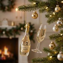 Artikel Set med hängen i form av champagneflaska och champagneglas, julgransdekoration, 14 cm, 2 delar