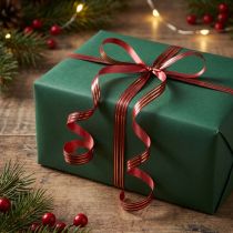 Artikel Curlingband presentband rött med guldränder 5mm 250m