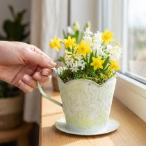 Artikel Kruka, dekorativ kaffefilterhållare, metallkopp för plantering, grön och vit blomsterdekoration, shabby chic, H11cm Ø11cm
