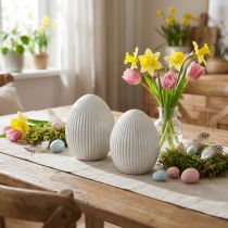 Artikel Påskägg Keramiskt dekorativt ägg med räfflor Vit Grå 10×12,5cm 2 st
