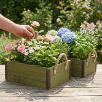 Artikel Vintage blomlåda träkruka grön L24/30cm set om 2
