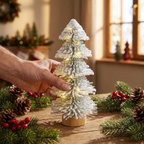 Artikel Mini julgransbelyst LED-gran med snö 28 cm