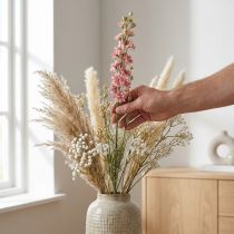 Artikel Torkad (konstgjord) Delphinium rosa riddarsporre, dekorativ blomvas 64 cm 25 g