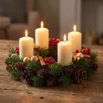 Artikel Adventskrans, grankrans med naturliga och konstgjorda kottar, grön dörrkrans Ø30cm, juldekoration