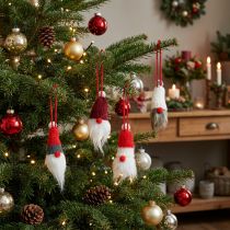 Artikel Tomte med spetsig hatt för upphängning, röd, vit, grå, L10–12 cm, 12 stycken
