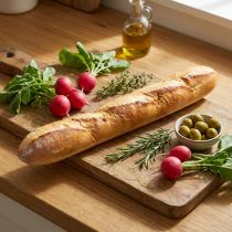 Artikel Dekorativ baguettereplika 38 cm - Konstgjord mat, brödimitation för skyltfönster och köksdekoration