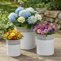 Artikel Kruka med spetsmönster, metallbehållare, dekorativ hink, vit, silver, shabby chic, H28/25,5/23,5 cm, Ø29,5/25,5/20 cm, set om 3