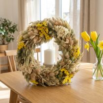 Artikel Krans av torkad blomning, naturlig dekoration för bord, vardagsrum och hall, 25 cm