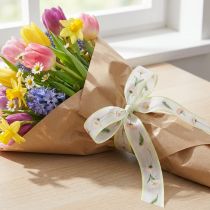 Artikel Presentband med Bellis blommönster för hantverk och förpackning, 25 mm x 20 m