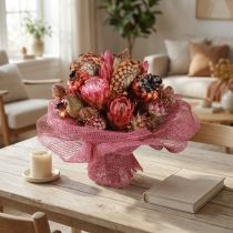Artikel Torkad blommix: Rosa protea, kronärtskocka, vallmo, naturlig dekoration, 38 cm, 580 g