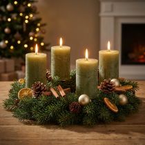Artikel Enfärgade olivgröna blockljus 60×80 mm, 4-pack, för dekoration och advent