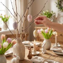 Artikel Mini påskägg, träägg med blommor, påskdekoration lila, rosa, gul H3,5cm 6st