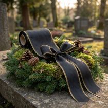 Artikel Elegant moiréband med kransmönster, 175 mm svart med pärlkant och taftväv, dekorativt band för begravningsblomster, rosettband, 25 m