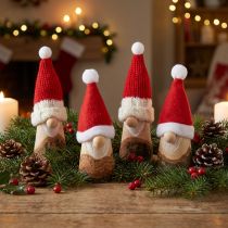 Artikel Dekorativ tomte i trä jultomte med hatt röd natur 10/12cm 4st