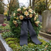 Artikel Svart kransband 200 mm 25 m för begravningsblomster, väderbeständigt och utskrivbart