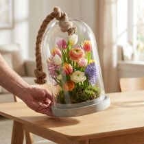 Artikel Glasklocka med platta i betonglook och rep Ø17cm H28cm