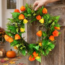 Artikel Konstgjord Physalis-krans, orange och grön, Ø28 cm, höstdekoration