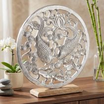 Artikel Dekorativ ring metall träbotten silver lotus koi dekoration Ø32cm