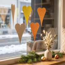 Artikel Hängande dekorationsfönster metallhjärtan, dekorativa hjärtan att hänga upp beige/gul/orange H10cm 6st