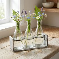 Artikel Rustik flaska i trästöd - 3 glasflaskor, gråvit, 24x8x20 cm - Mångsidig för dekoration