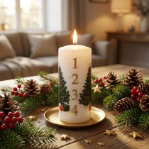 Artikel Adventskalenderljus, julstativljus, vitt, 150/65 mm, med siffror och julgran