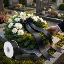 Artikel Presentband svart sorgeblommigt dekorband 25mm 50m