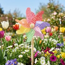 Artikel Pinwheel dekoration väderkvarn liten på pinnen färgad Ø14cm 30cm