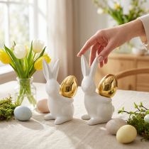 Artikel Kaniner med guldägg, keramiska kaniner till påsk ädelvit, gyllene H13cm 2st