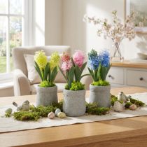 Artikel Hyacint konstgjord i kruka gul rosa blå H23cm 3st