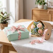 Artikel Presentband med blommönster för lekfulla presenter och pyssel, 2,5 cm brett, 15 m långt