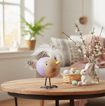 Artikel Dekorativ träfågel med fjädrar och färgglad kropp för bordsdekoration, 10 cm, 6 stycken