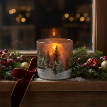 Artikel Glasljushållare med granskogsmotiv, vinterdekoration, 15 cm