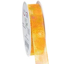 Artikel Presentband, blommigt organzaband, gul/orange, 25mm x 18m