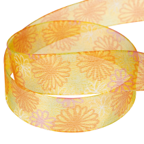 Artikel Presentband, blommigt organzaband, gul/orange, 25mm x 18m