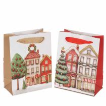 Artikel Julklappspåse med hus och julgran, 16 cm, 2 stycken