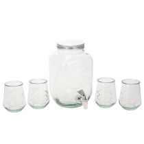 Artikel Glasbehållare med tappkran och 4 glas, återvunnet glas, H25,5 cm