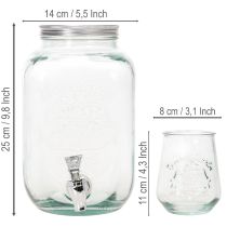 Artikel Glasbehållare med tappkran och 4 glas, återvunnet glas, H25,5 cm